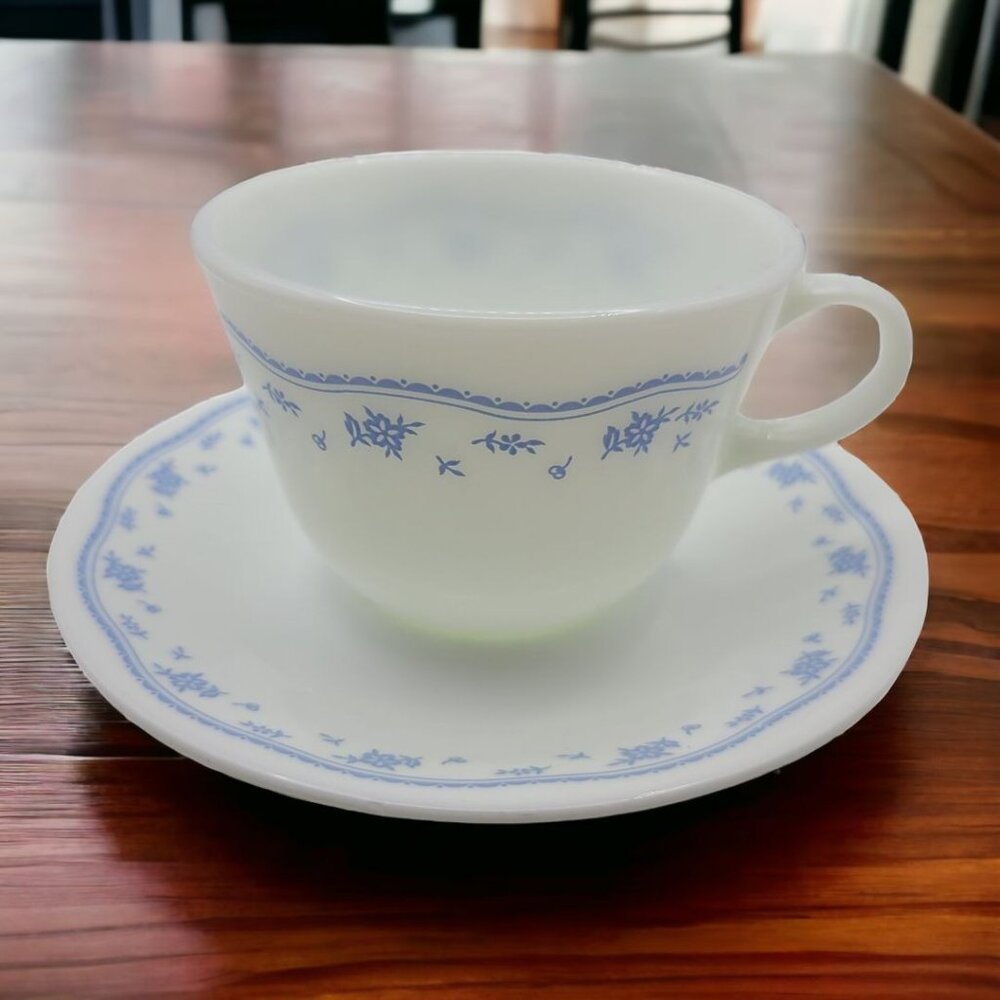 Pyrex Corelle By Corning Blue‎ Flower Teacup Saucer Set White Glass Coffee
